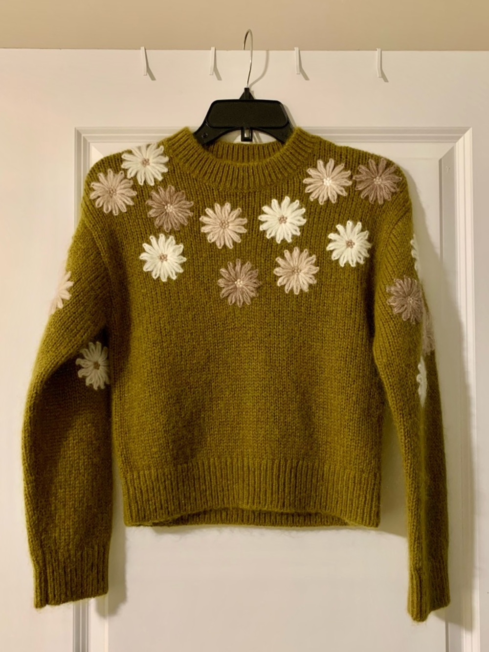 Sezane Olive Green Daisy Appliqué Crewneck Sweater with Cream & Beige Flowers